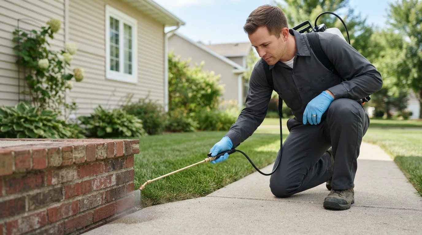 Pest control technician treating a home near Coal Run, OH