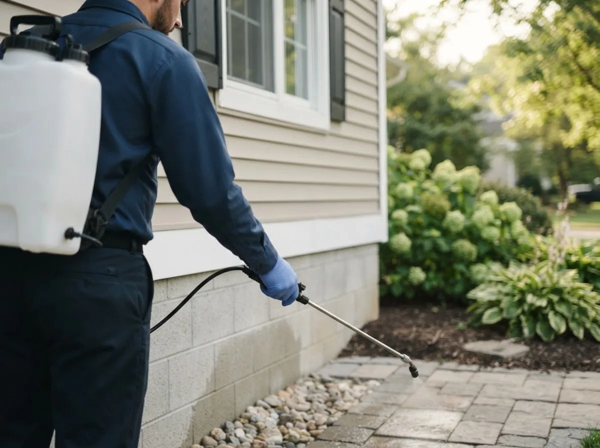 Pest control technician inspecting a home in Coal Run, OH